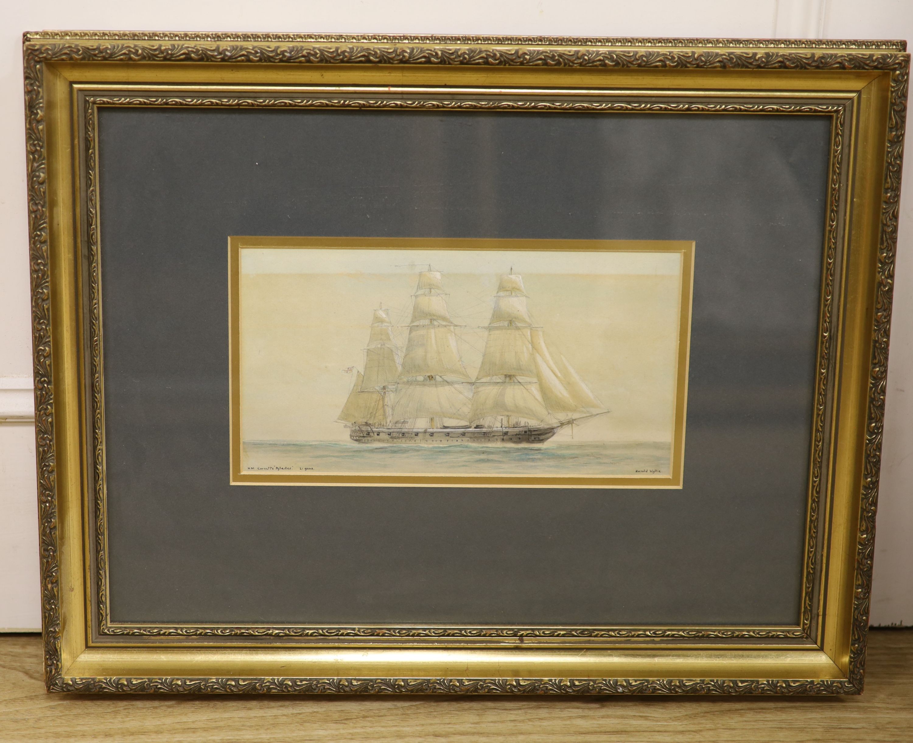 Harold Wyllie (1880-1975), watercolour, 'HM Corvette Pylades', signed, 13 x 25cm.